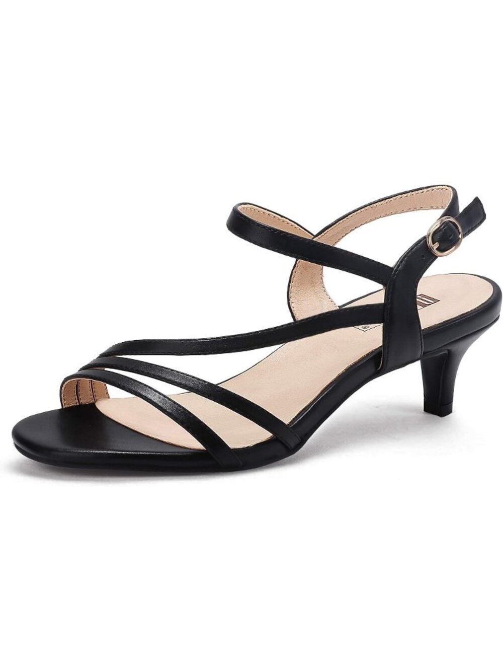 Women's Black PU Low Kitten Heels Open Toe Heel Buckle Ankle Strap Sandals